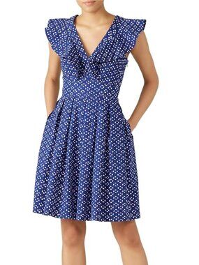 Kate Spade New York Geo-Dot Flounce Dress Blue Fit Flare Ruffle Polka Dot Derby